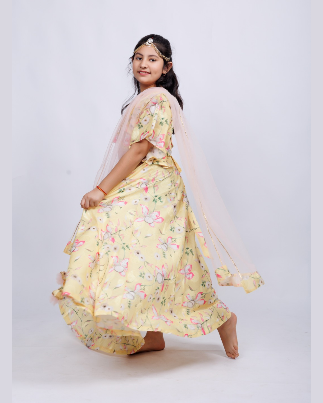 Chanda Mama Gils Yellow Floral Lehenga Set