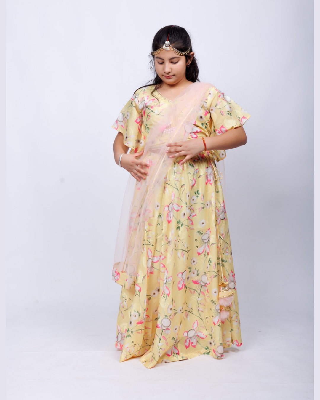 Chanda Mama Gils Yellow Floral Lehenga Set