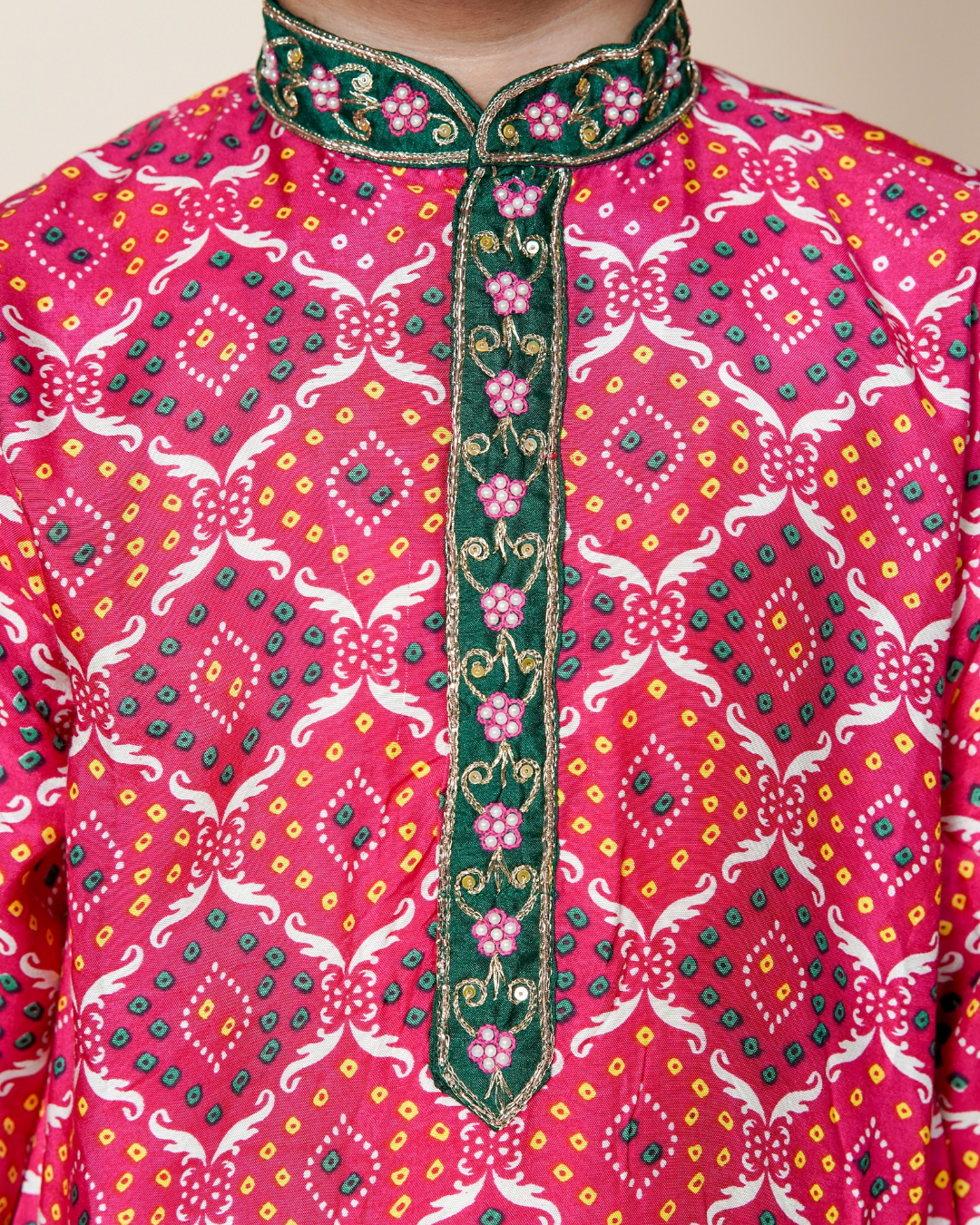 Boys Bandhani Print Muslin Silk Kurta Set