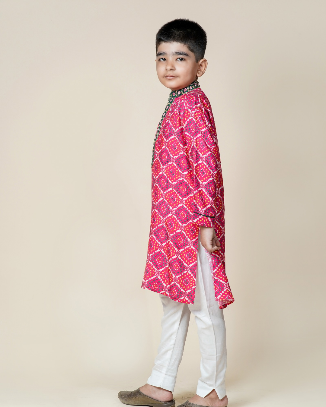 Boys Bandhani Print Muslin Silk Kurta Set