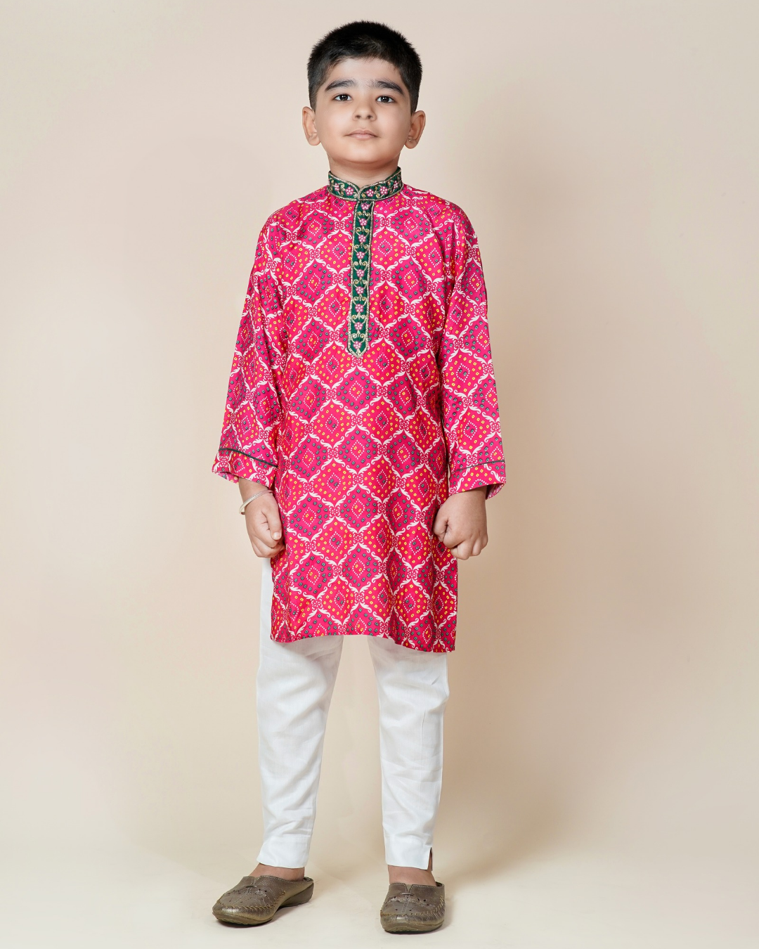 Boys Bandhani Print Muslin Silk Kurta Set
