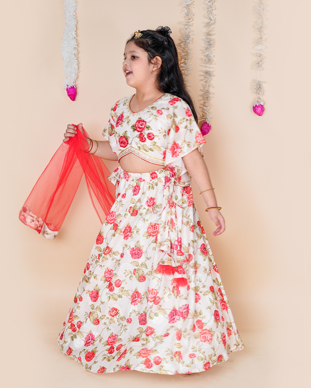Chana Mama Girls White Floral Lehenga Set