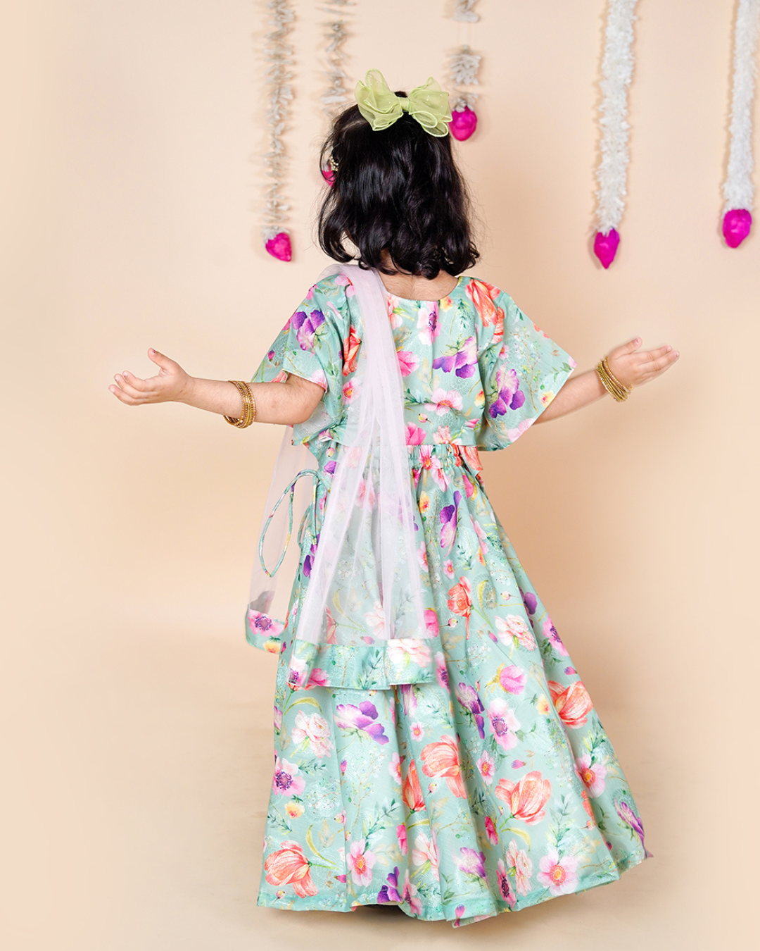 Mint Blossom Floral Lehenga Set for Girls