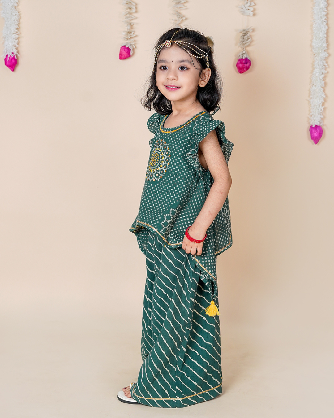 Girls Green Bandhani & leheriya Palazzo set