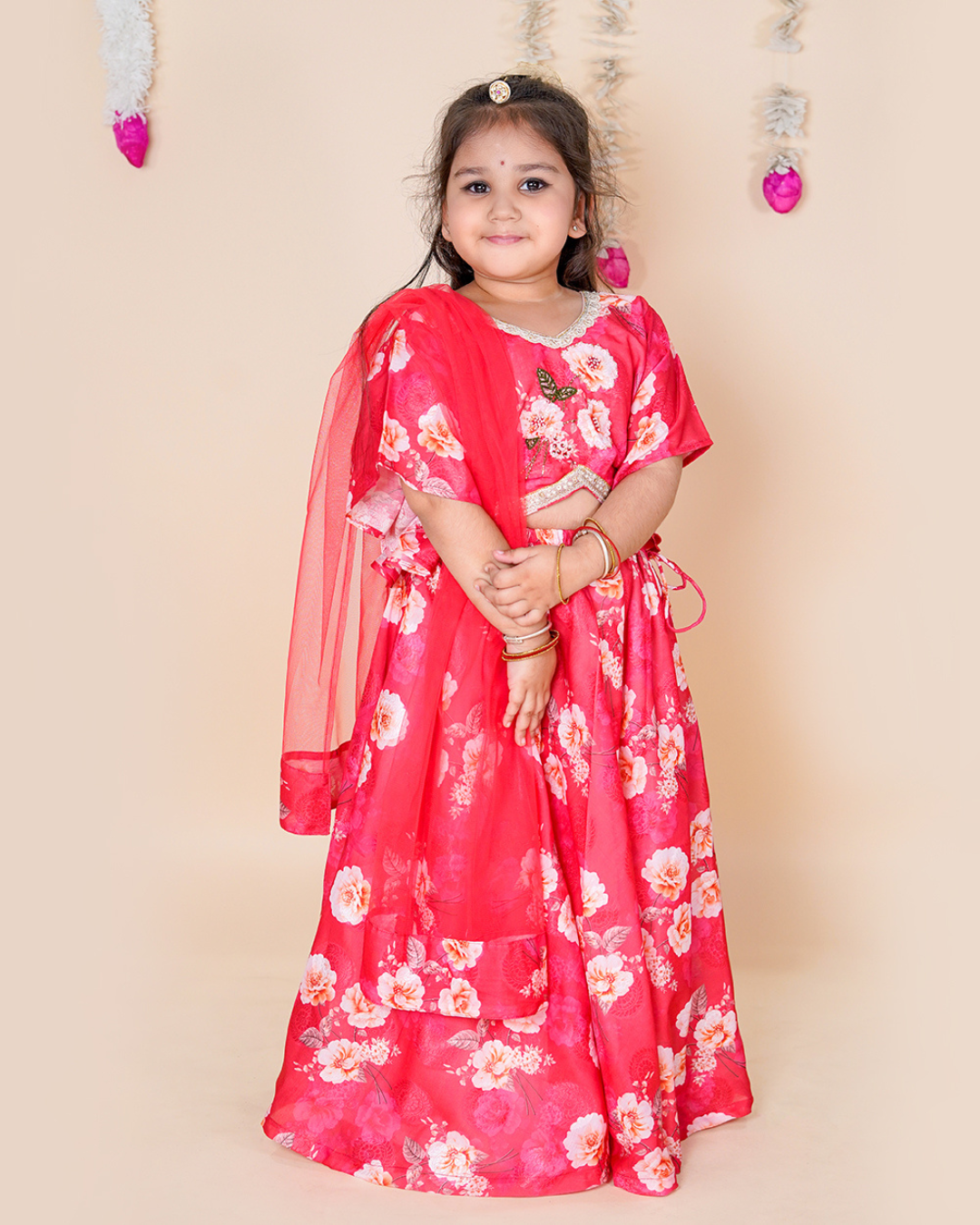 Chanda Mama Girls Red Floral Lehenga Set