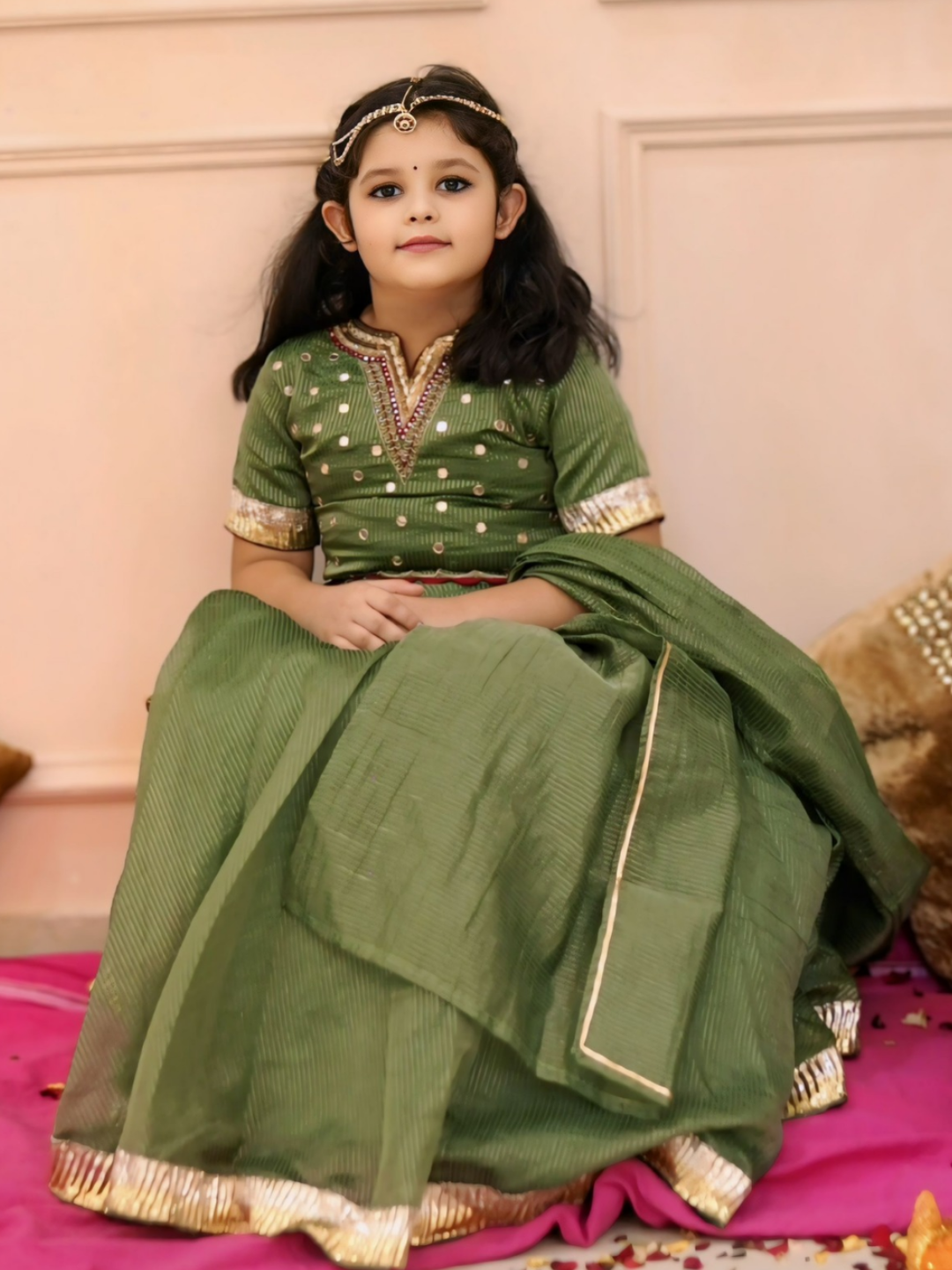 Girls Elegant Green Hand Work Detailing Lehenga set