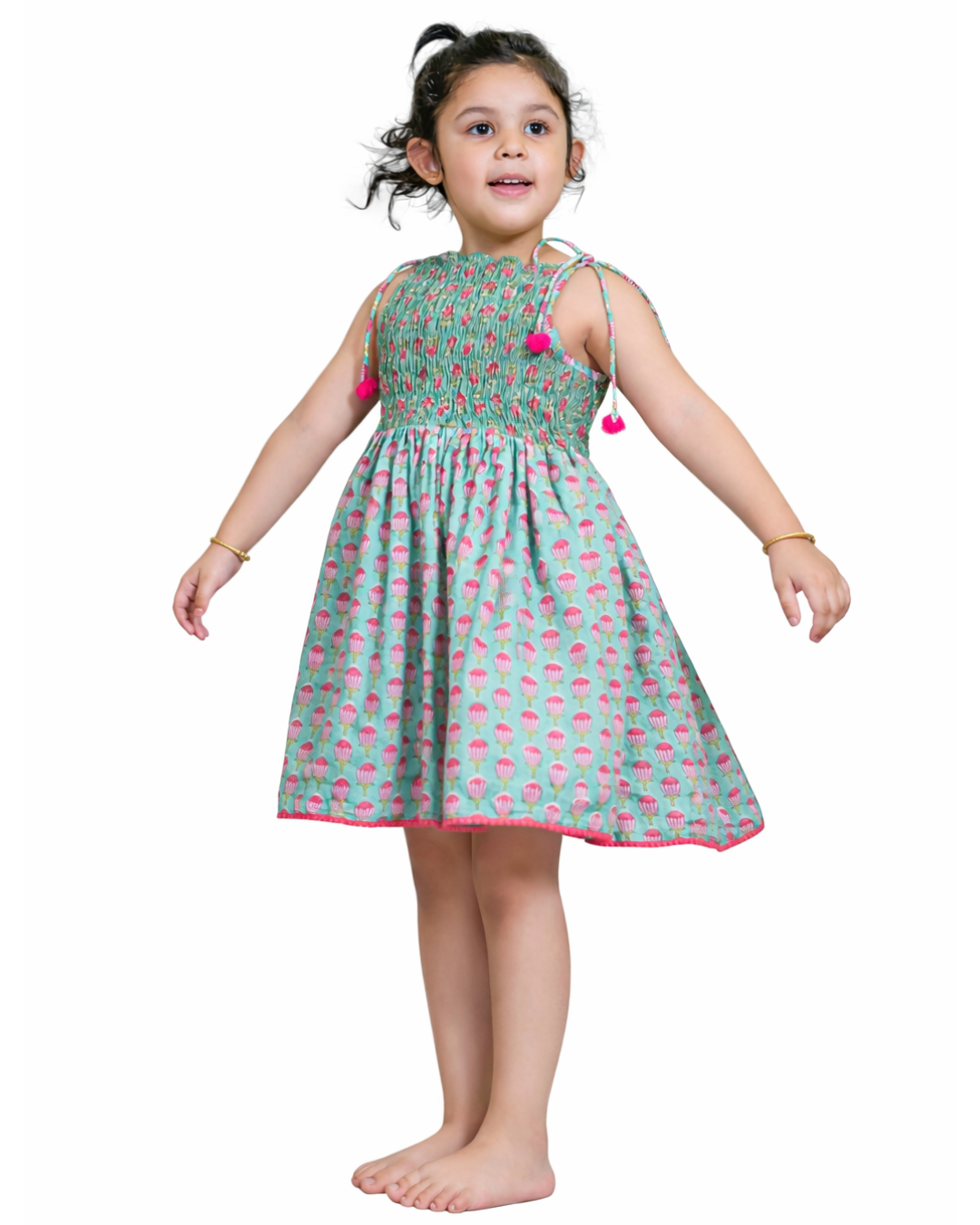 Baby Girls Hand Block Print Sleeveless Smocked Dress