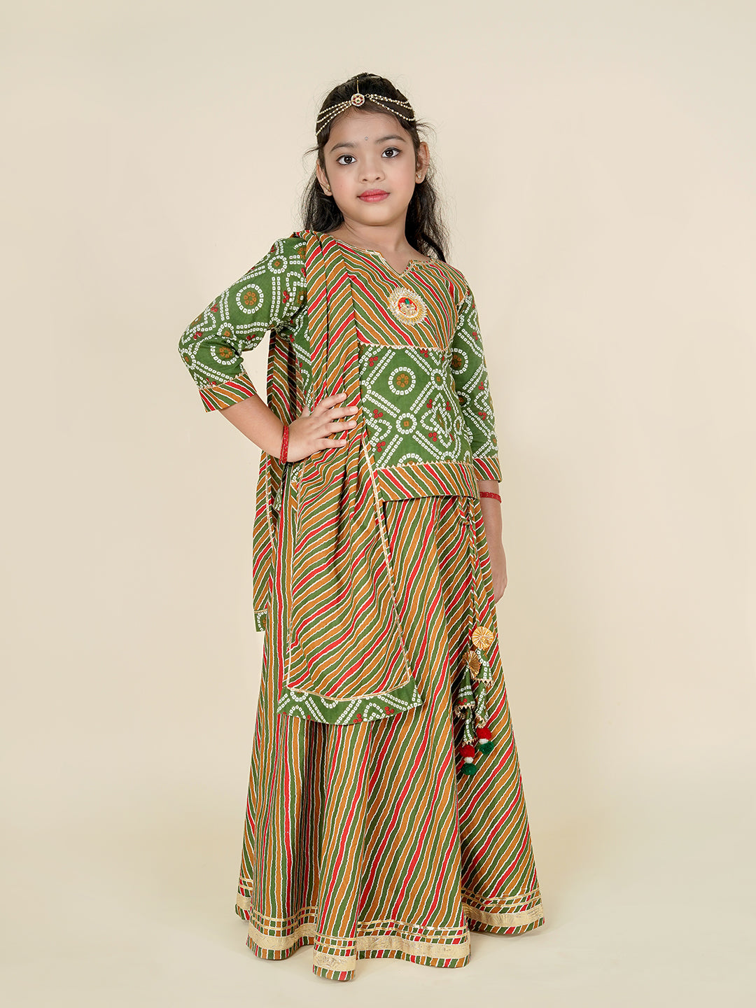 Festive Style – Bandhani Kurti With Leheriya Lehenga And Dupatta Set for Girls