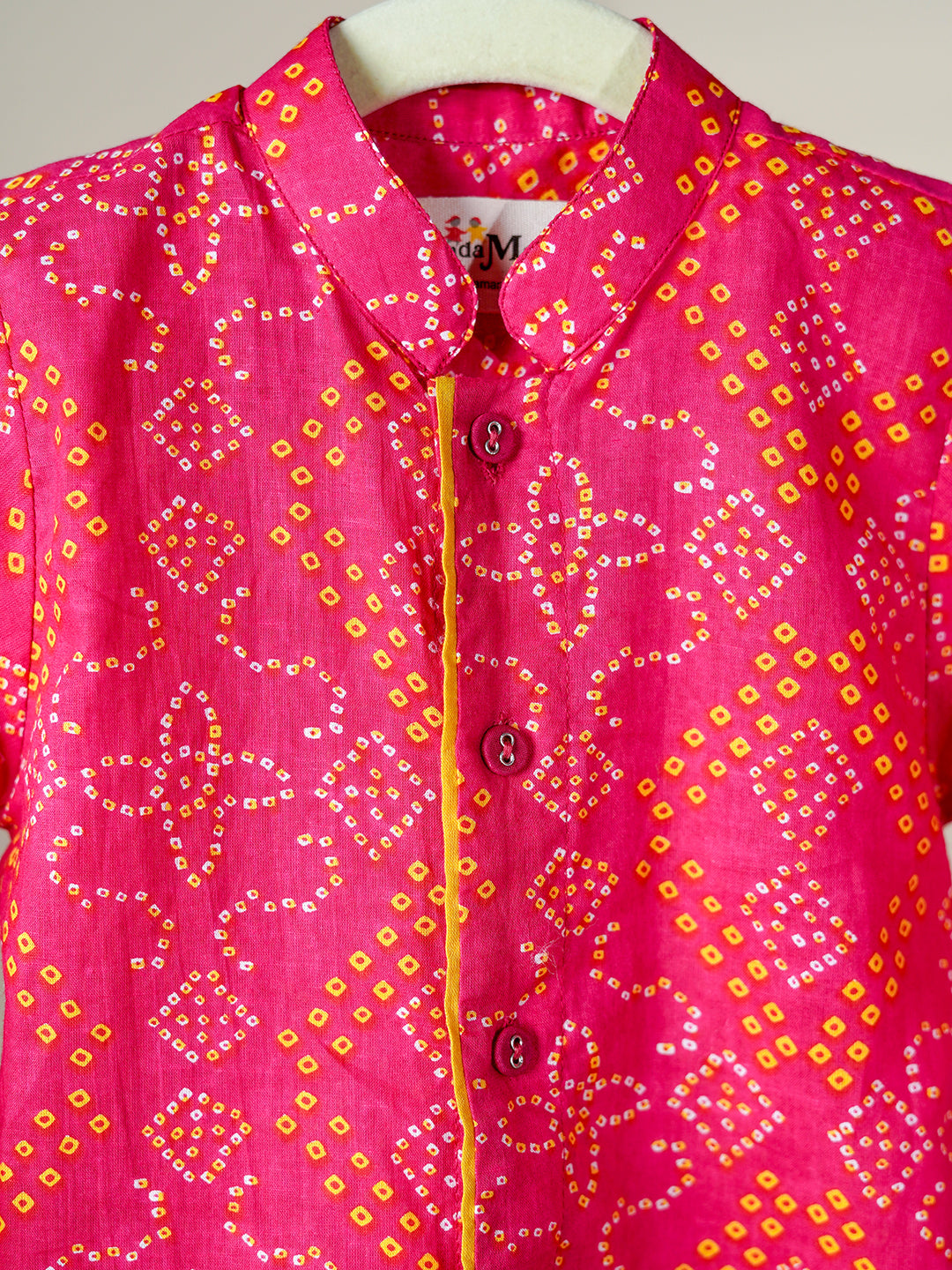 Utsav Vibes – Pink Bandhani Kurta Mustard Dhoti Set for Boys