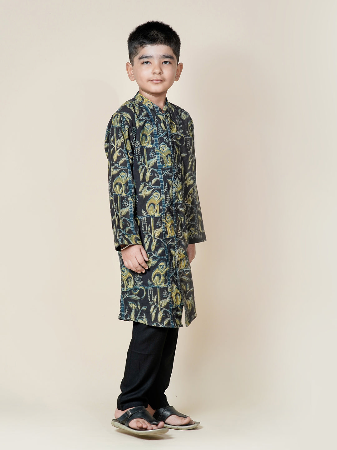 Monkey Tales – Black Cotton Kurta Set for Boys