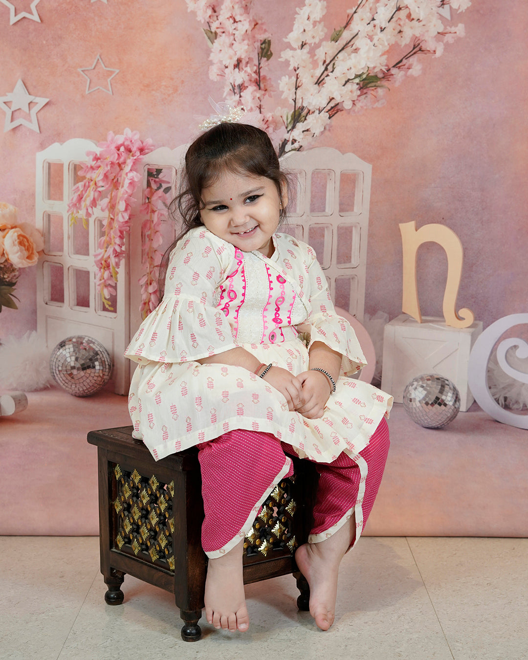 Girls Side knot Detail Pleated Kurti And Pink Dhoti Pant