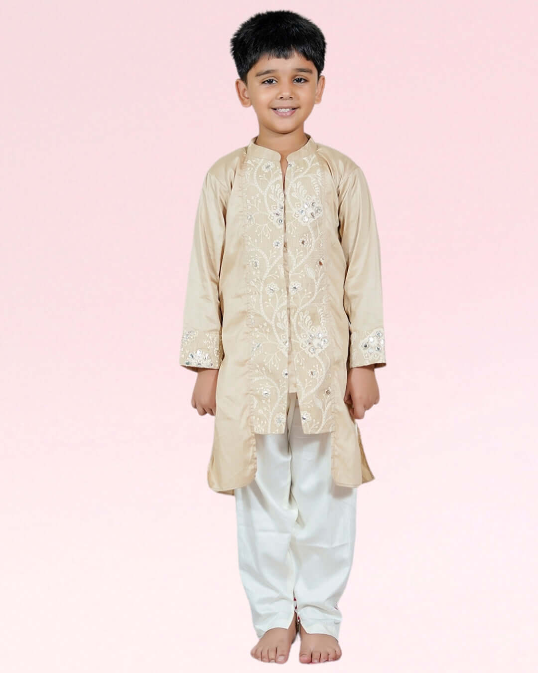 Boys Lucknowi Beige Achkan Kurta And Pyjama