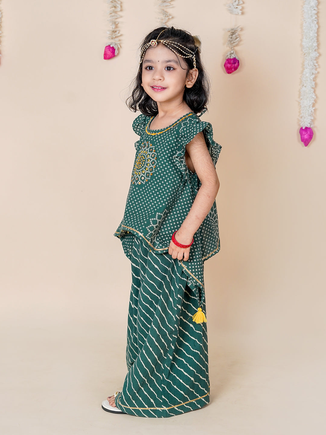 Green Bandhani Asymmetric Top & Palazzo