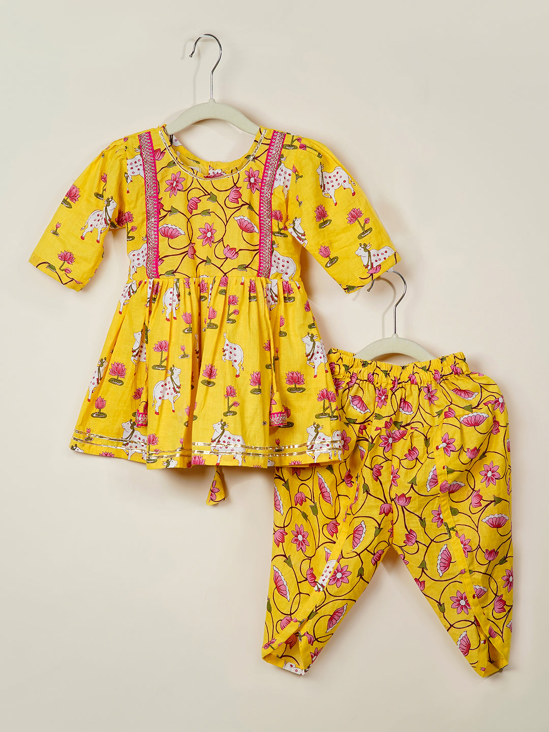 Divine Lotus & Cow Printed Girls Ethnic Set