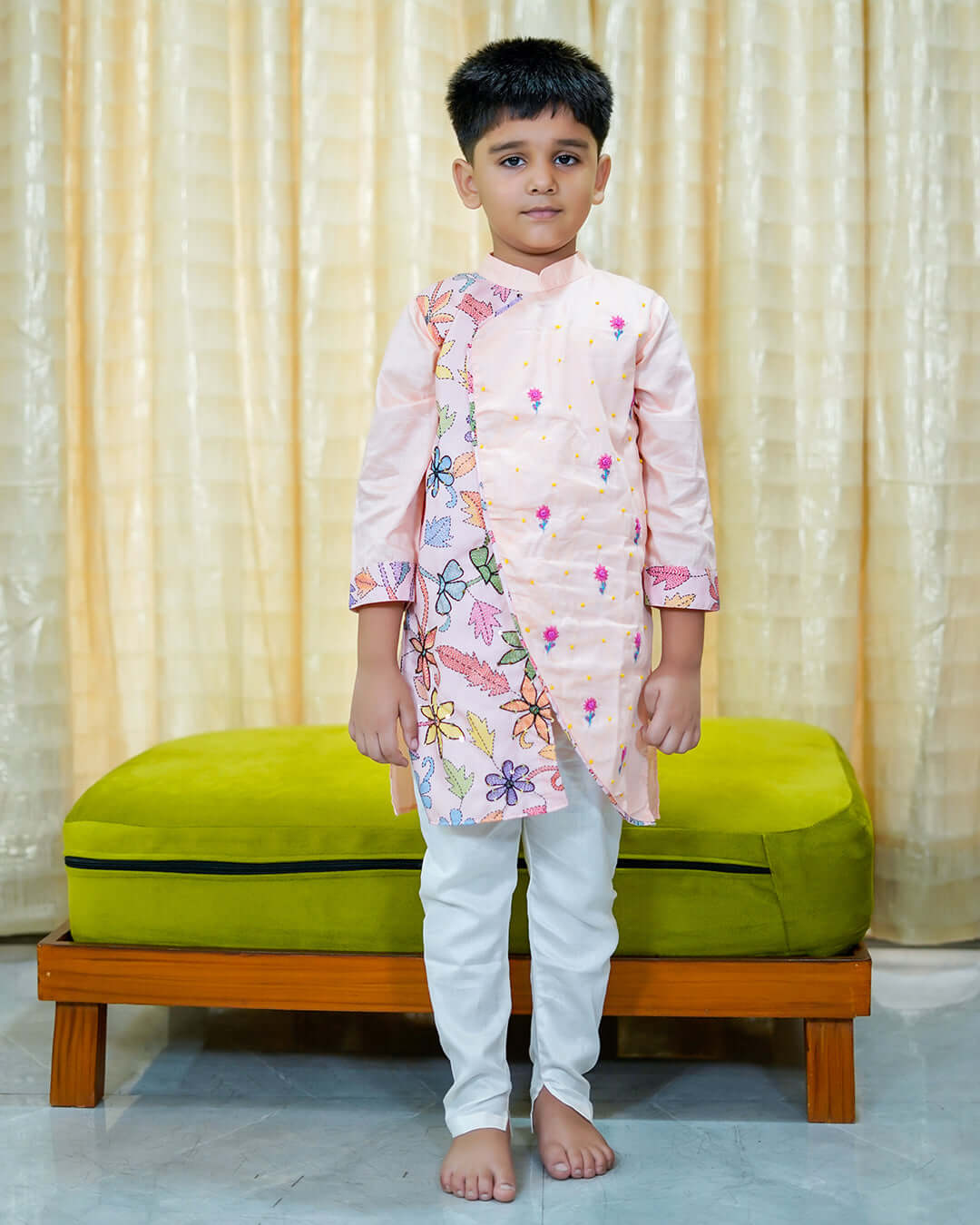 Boys Peach Floral Embroidery Kurta With Churidar