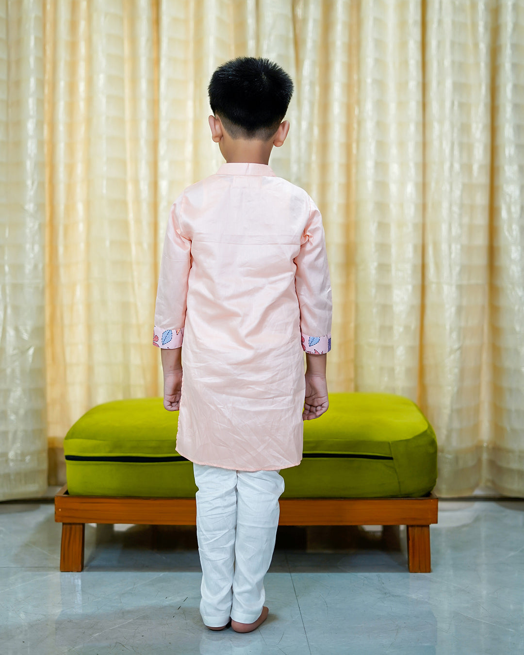 Boys Peach Floral Embroidery Kurta With Churidar