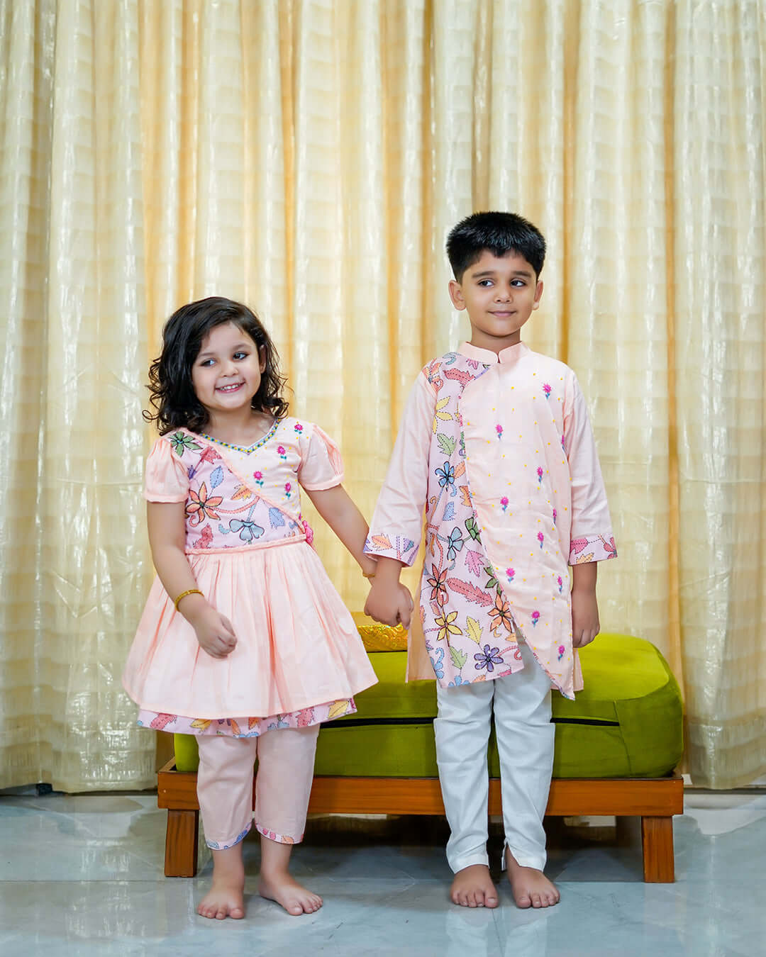 Boys Peach Floral Embroidery Kurta With Churidar