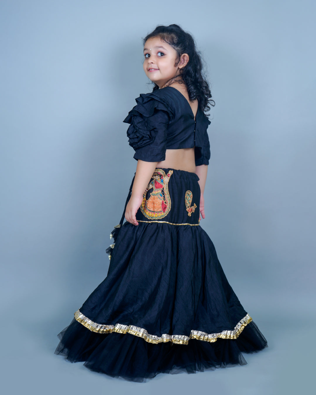 ELEGANT BLACK PATCH WORK TOP WITH LEHENGA AND DUPATTA