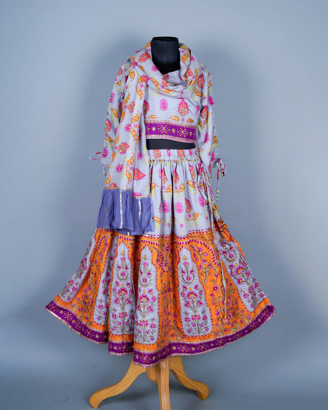Girls Lilac Embroidered Pure Moonga Silk Lehenga Top And Dupatta