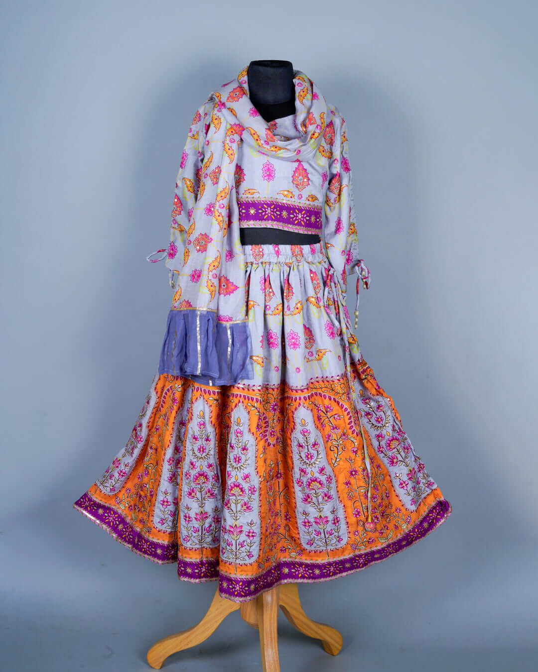 Girls Lilac Embroidered Pure Moonga Silk Lehenga Top And Dupatta