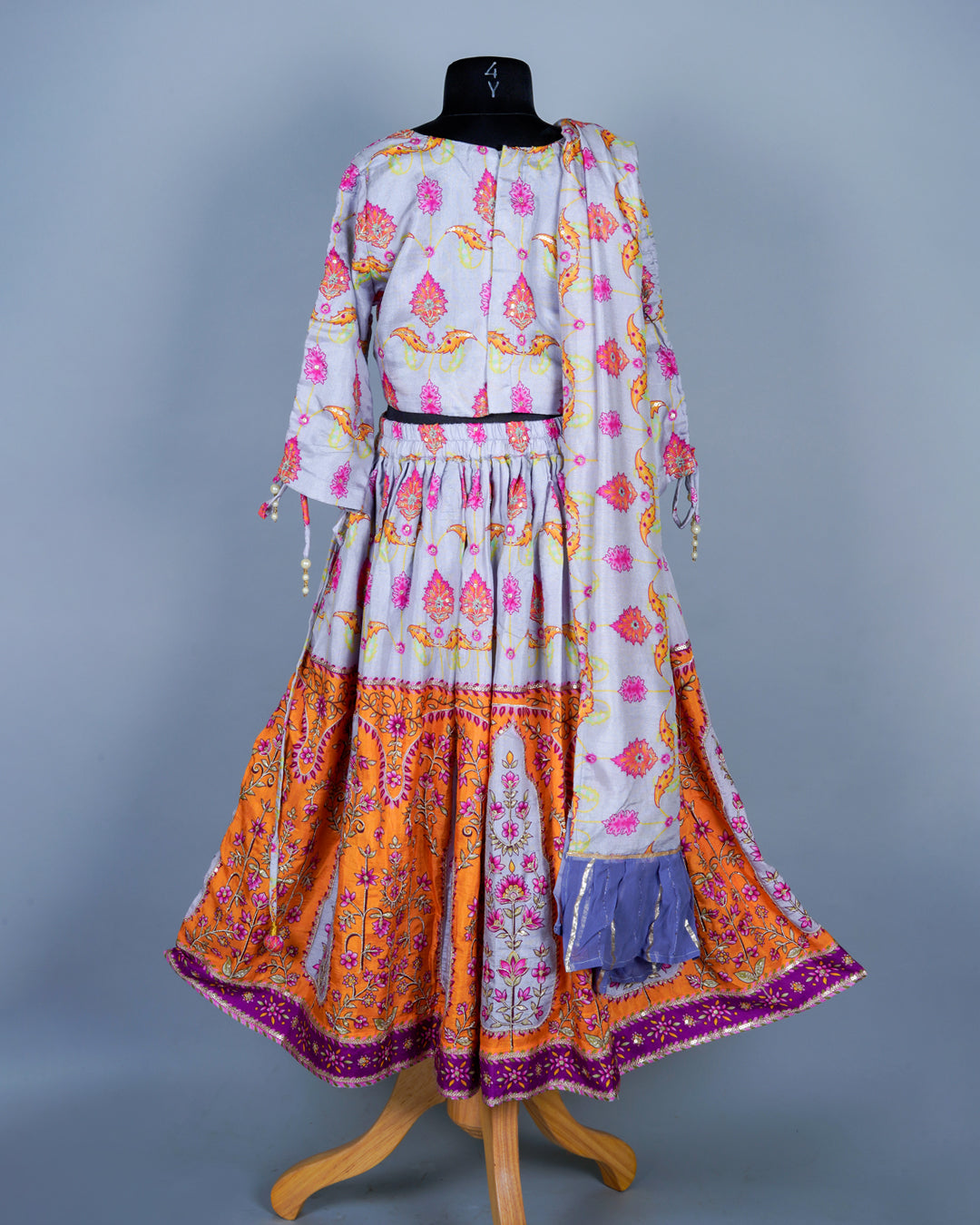Girls Lilac Embroidered Pure Moonga Silk Lehenga Top And Dupatta