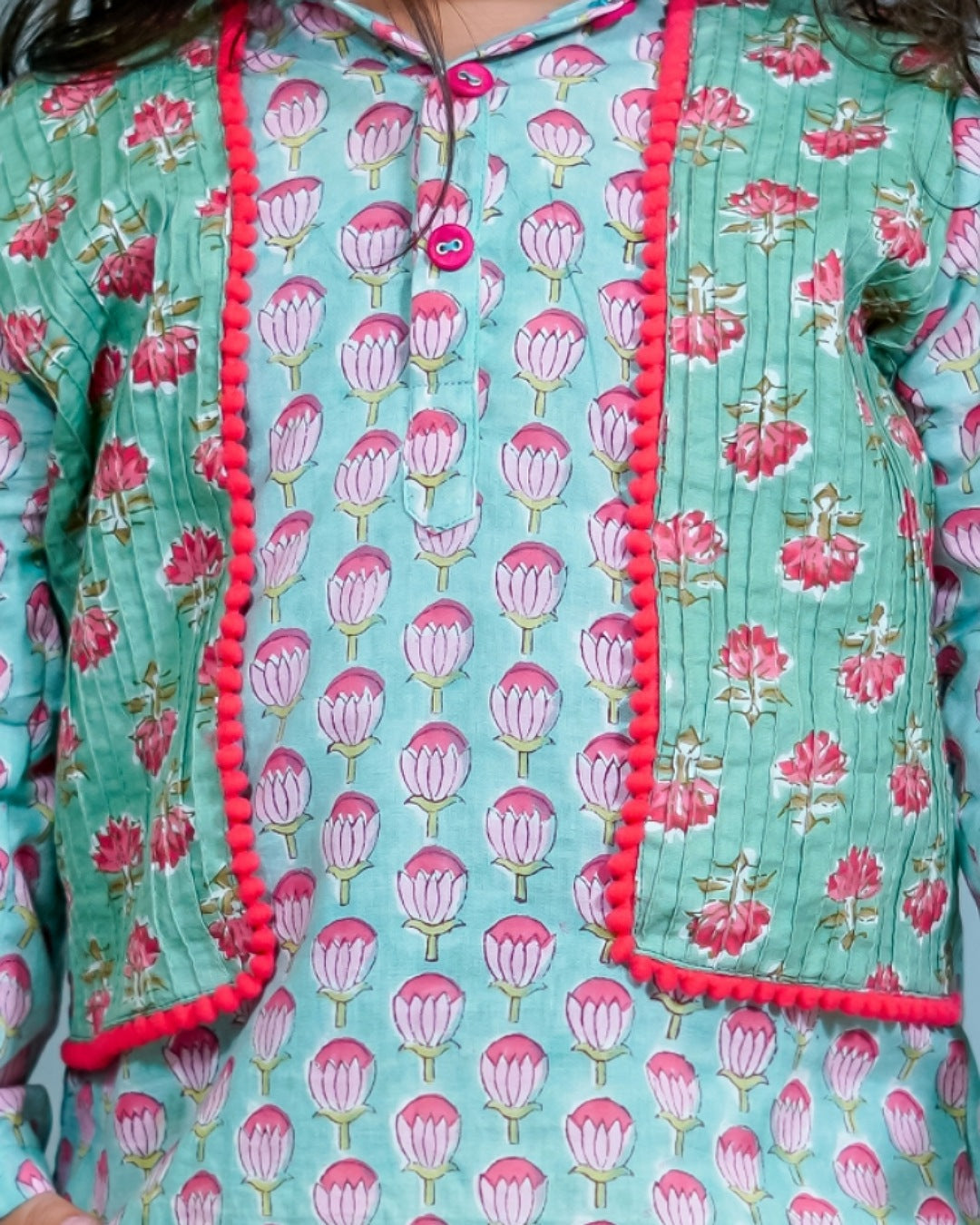 Lotus Hand Block print kurta with attached pintuck jacket And Pant