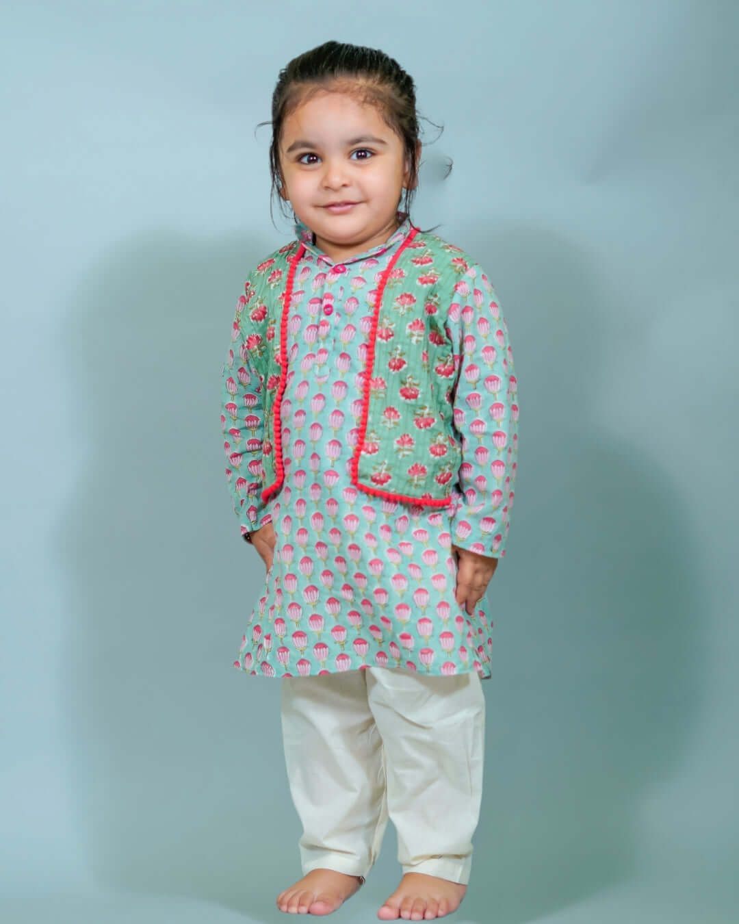 Lotus Hand Block print kurta with attached pintuck jacket And Pant