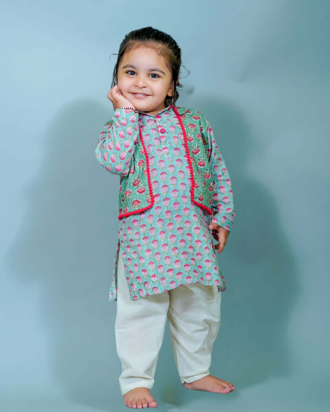 Lotus Hand Block print kurta with attached pintuck jacket And Pant