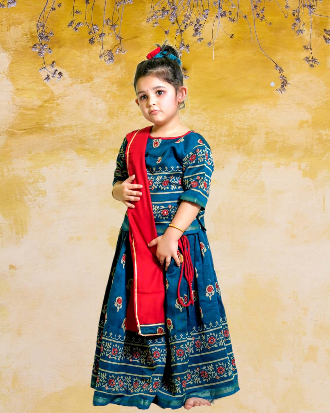 Girls : Floral Chanderi Silk Lehenga Set