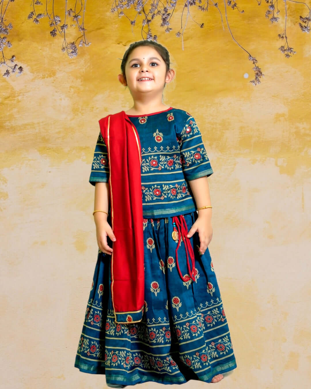Girls : Floral Chanderi Silk Lehenga Set