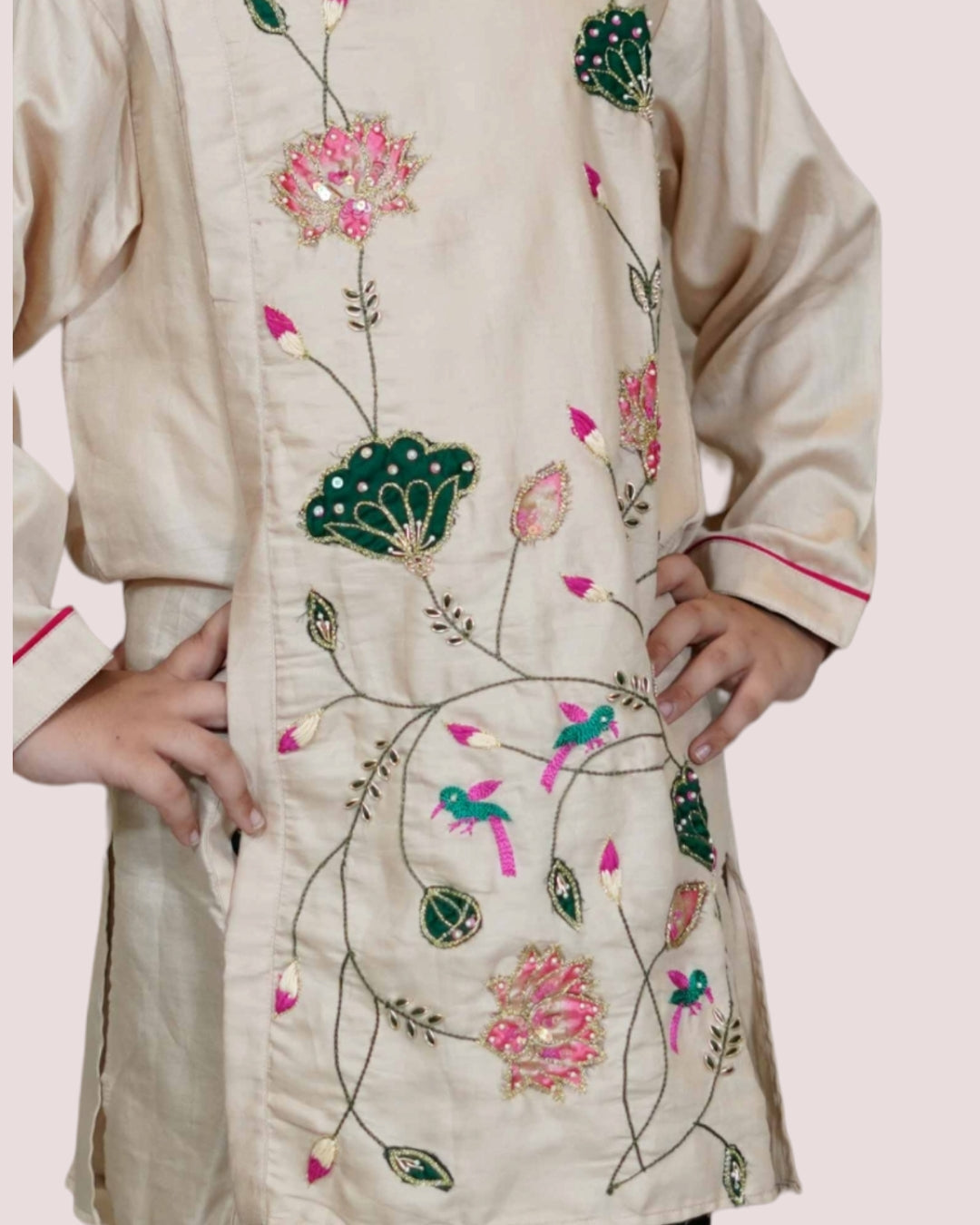 Boys Beige Lotus Embroidery kurta with Churidaar