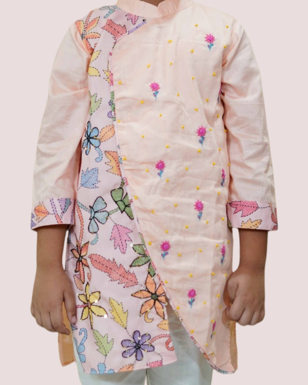 Boys Peach Floral Embroidery Kurta With Churidar