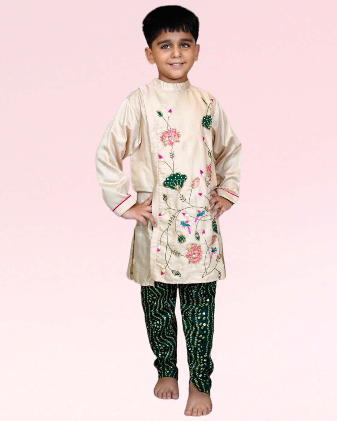 Boys Beige Lotus Embroidery kurta with Churidaar
