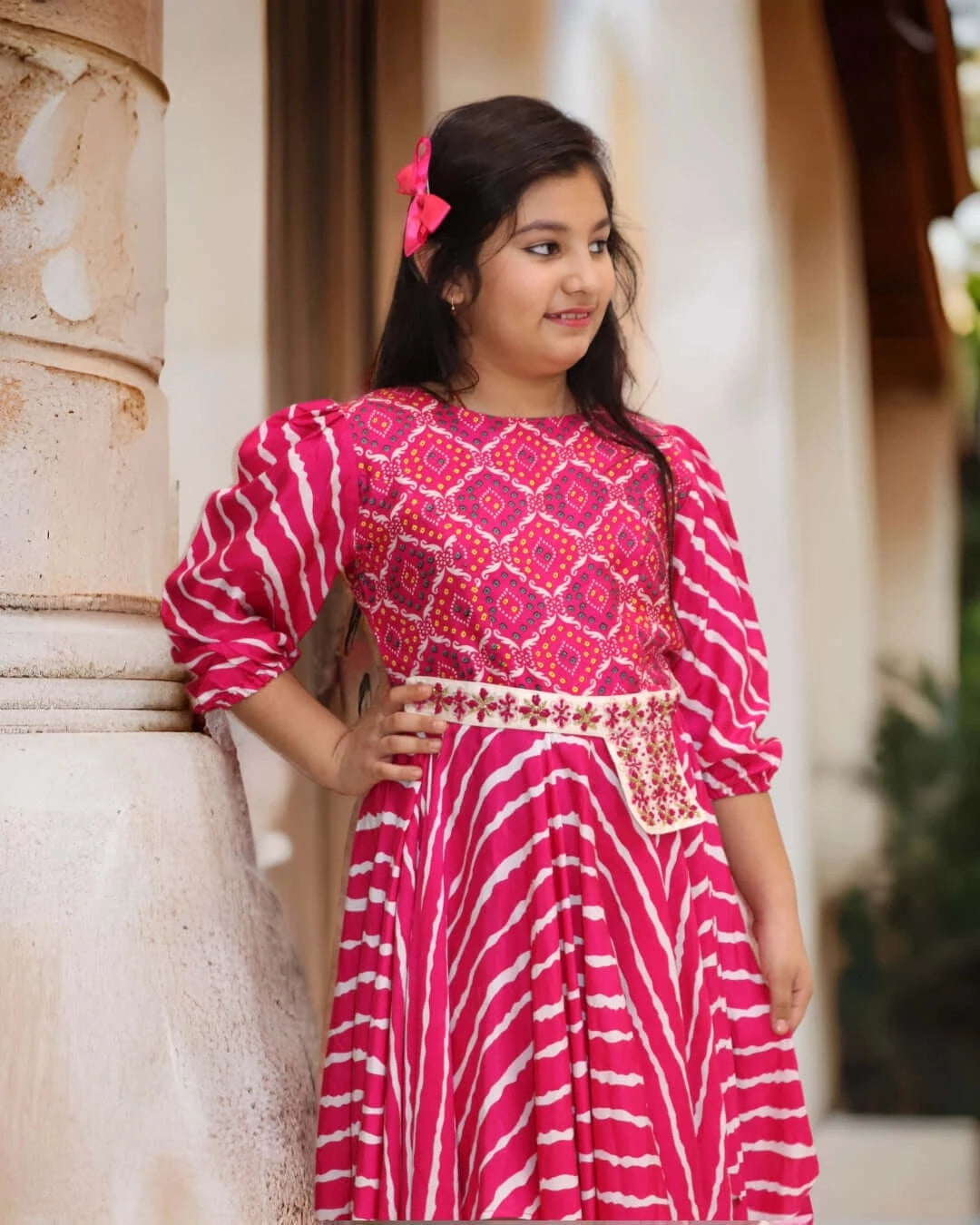 Girls Hot pink Asymmetric Leheriya Dress – Chanda Mama