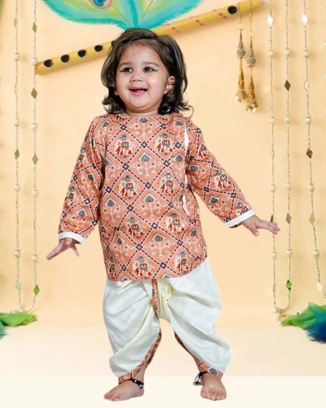 Baby Boy Peach Patola Dhoti Kurta Set
