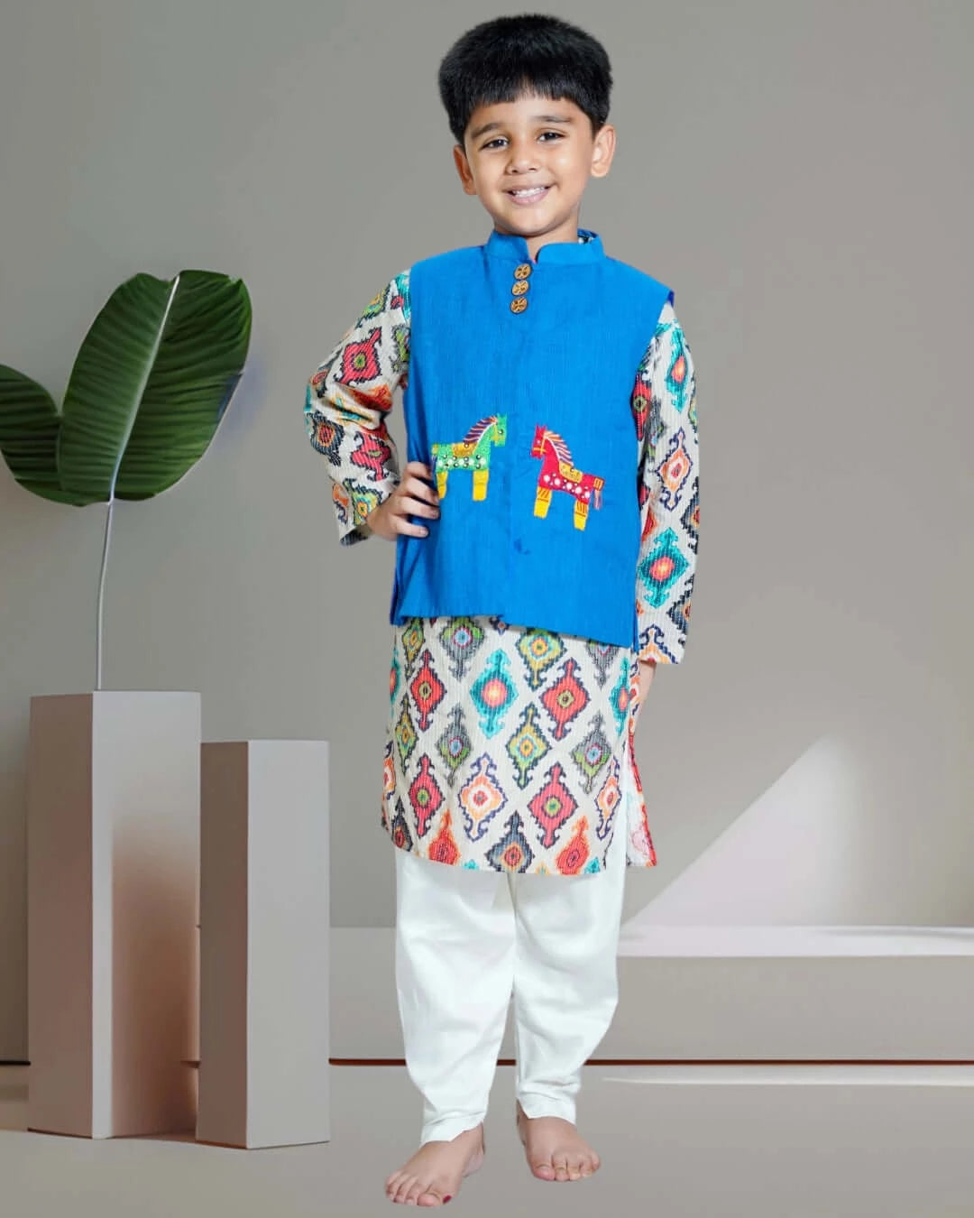 Boys Kurta Blue Horse Jacket And Pant