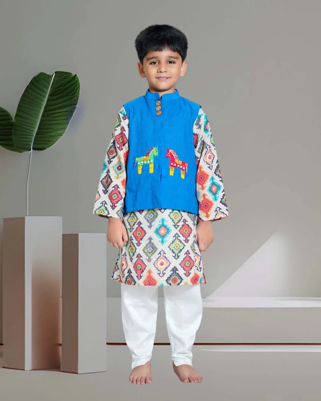 Boys Kurta Blue Horse Jacket And Pant
