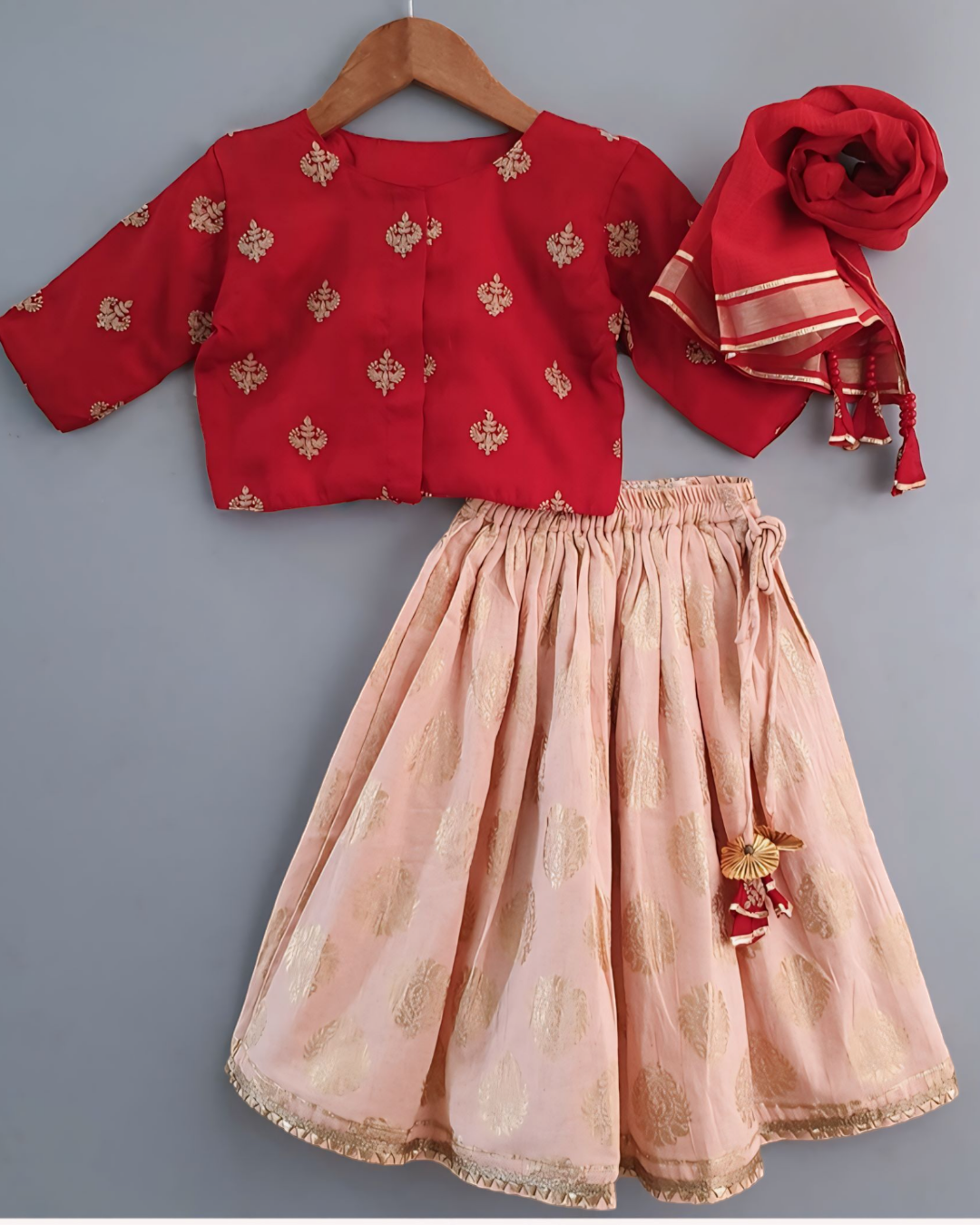Maroon Embroidered Top With Floral Gold print Lehenga