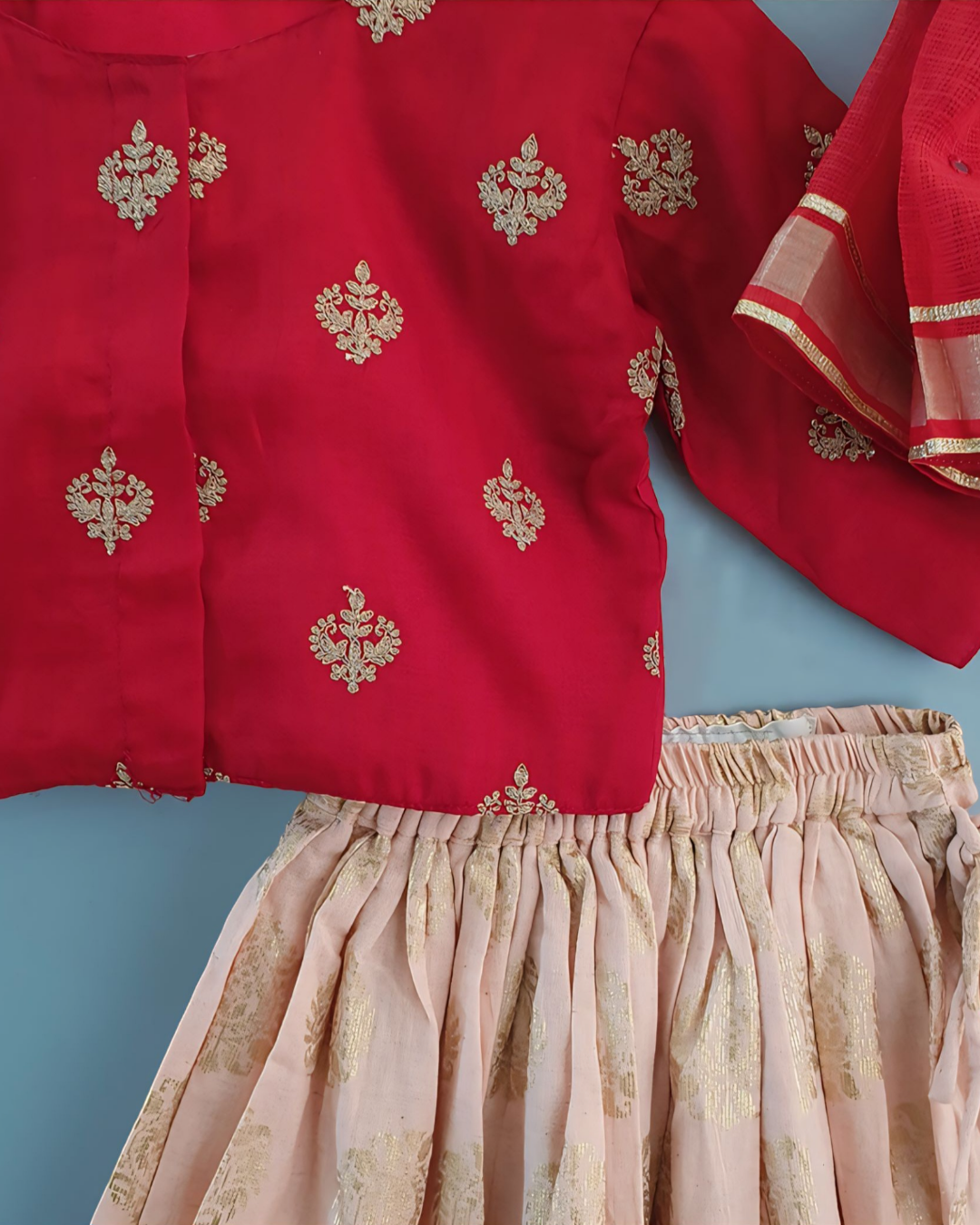 Maroon Embroidered Top With Floral Gold print Lehenga