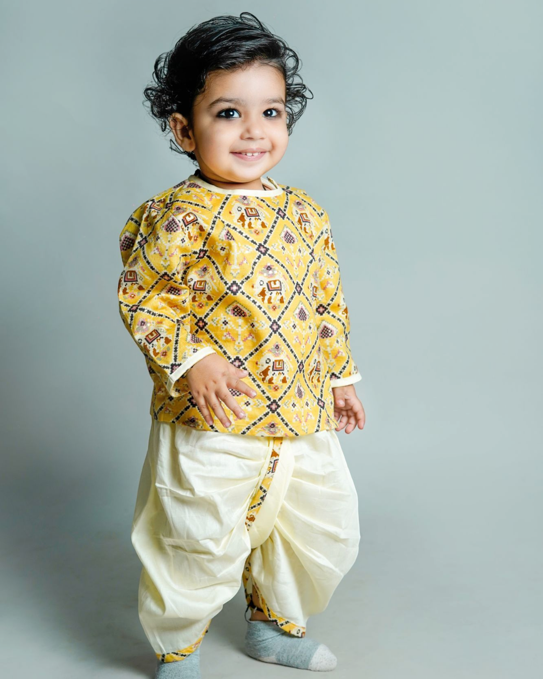 Chanda Mama baby boy mustard Patola print cotton silk kurta dhoti set