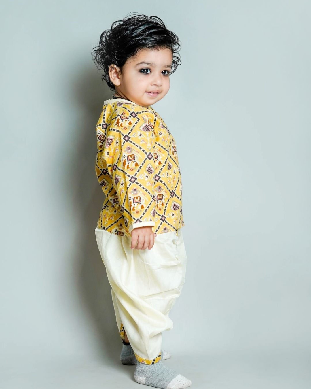 Chanda Mama baby boy mustard Patola print cotton silk kurta dhoti set