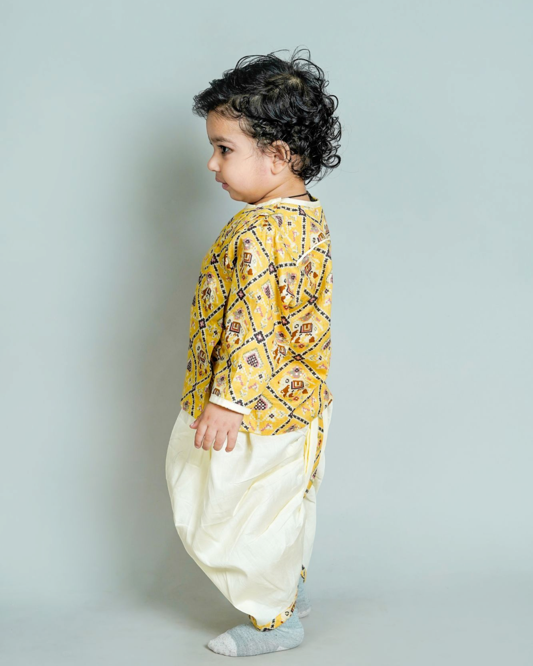 Mustard Patola Print Cotton Silk Kurta Dhoti Set for Baby Boys