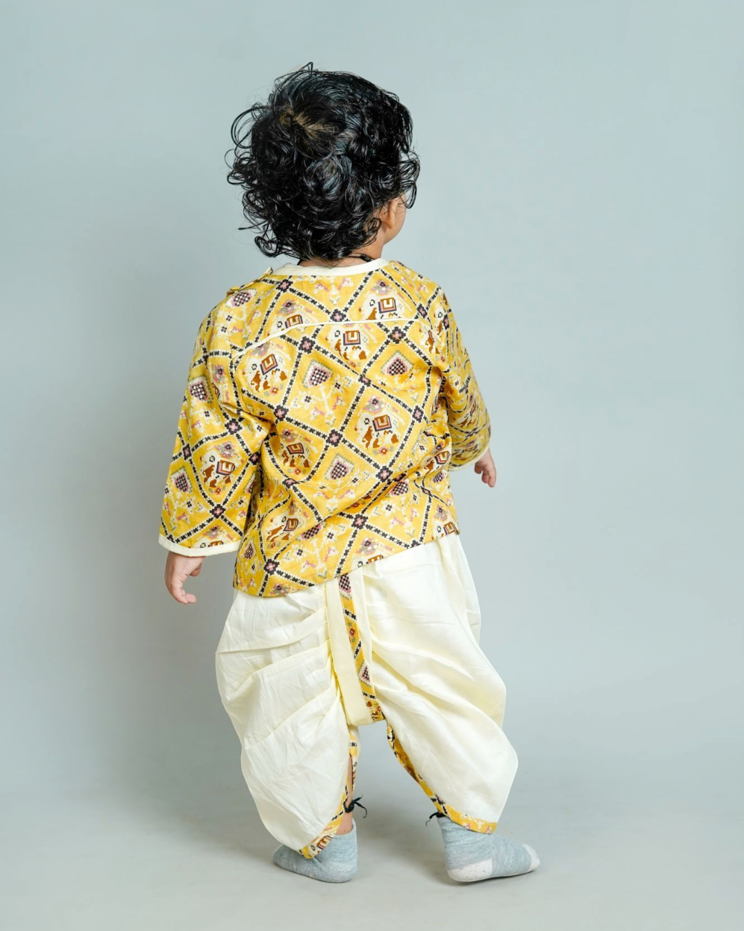 Mustard Patola Print Cotton Silk Kurta Dhoti Set for Baby Boys