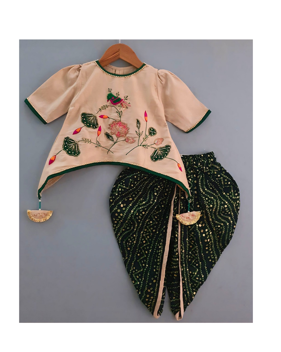 Lotus Patchwork Beige Kurta With Green Bandhani Dhoti Pant
