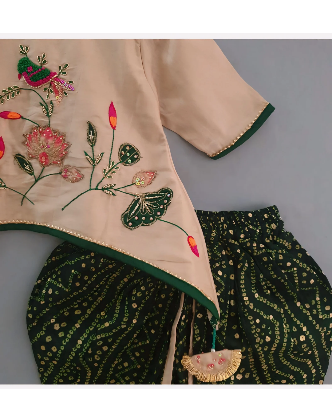 Lotus Patchwork Beige Kurta With Green Bandhani Dhoti Pant