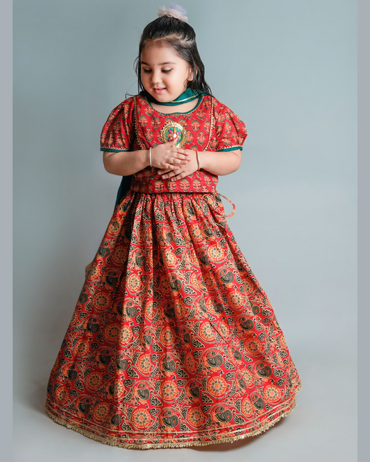 Girls Floral Red Gota Detailing Lehenga Set