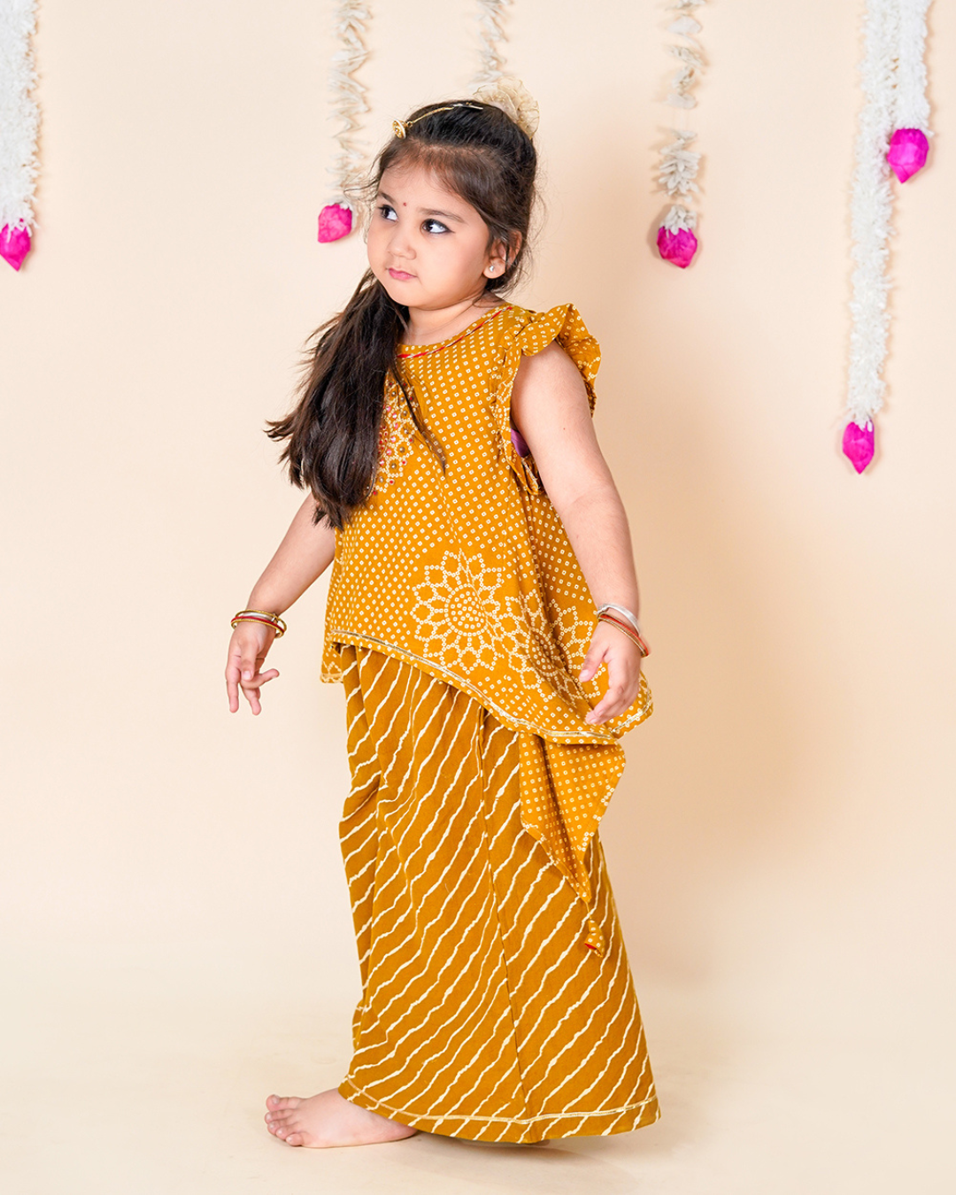 Mustard Bandhani Asymmetric Top & Palazzo