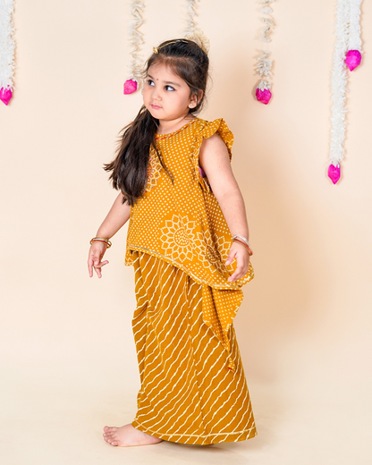 Mustard Bandhani Asymmetric Top & Palazzo