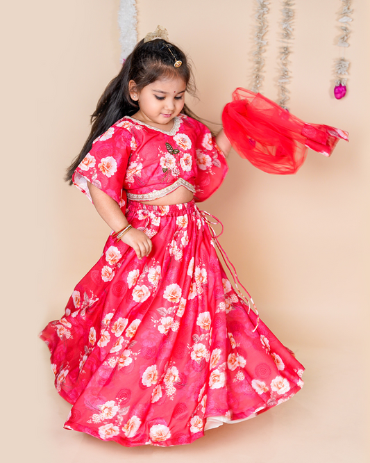 Chanda Mama Girls Red Floral Lehenga Set