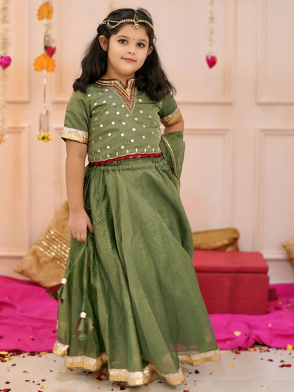 Girls Elegant Green Hand Work Detailing lehenga set